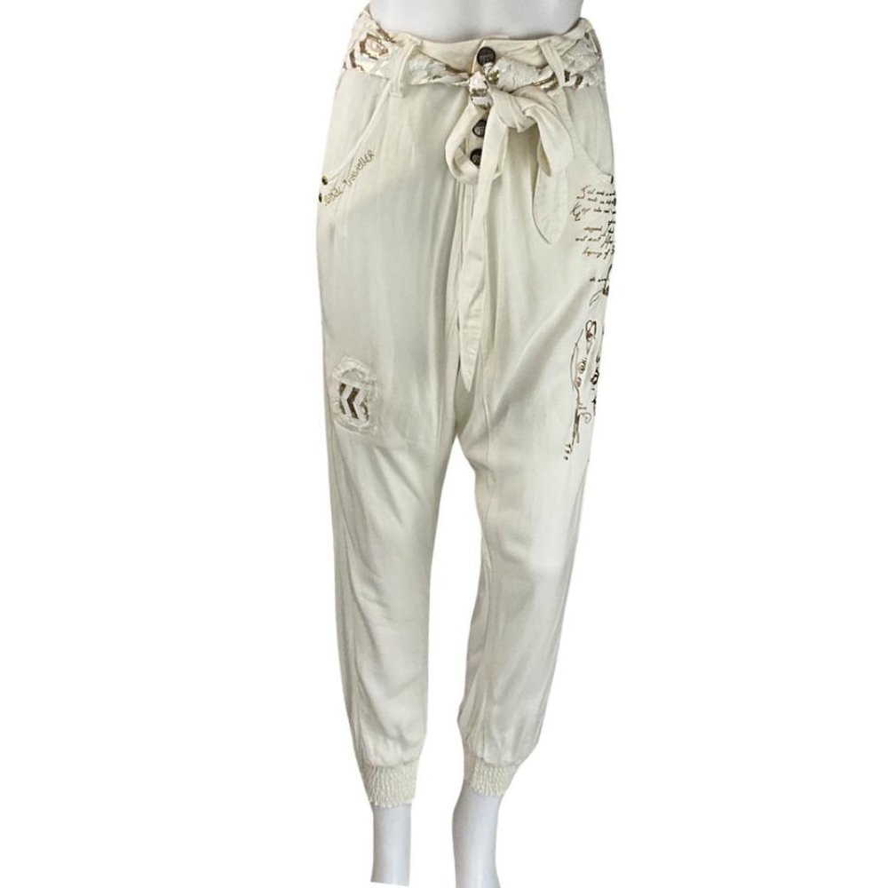 Desigual Women's Jogger Pants Designer Trousers Gold Sequins Ivory Sz 34